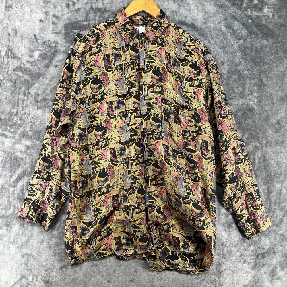Vintage UTOPIA Silk Shirt Men's Medium Geometric Button Up Lightweight Read Desc